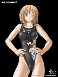 Rule 34 | 1girl, 2002, black background, blonde hair, blue eyes, blush, breasts, cameltoe, cleft of venus, competition swimsuit, covered erect nipples, flower print, hands on own hips, high cut kingdom, highleg, highleg swimsuit, looking at viewer, medium breasts, nipples, nyanko batake, one-piece swimsuit, one eye closed, original, speedo (company), swimsuit, wet, wink