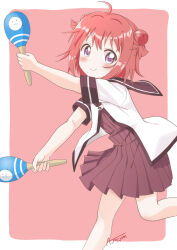 1girl ahoge akanemachiyama akaza_akari blush border closed_mouth cowboy_shot double_bun dress hair_bun holding instrument looking_at_viewer maracas nanamori_school_uniform open_mouth pink_background purple_eyes red_hair sailor_collar sailor_dress school_uniform serafuku short_hair short_sleeves skirt smile solo white_border yuru_yuri