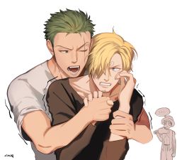Rule 34 | 3boys, bite mark, blank stare, blonde hair, collared shirt, curly eyebrows, eating, facial hair, goatee, green hair, hair over one eye, highres, holding hands, hug, hug from behind, imminent bite, kotomine (a1569), loose necktie, male focus, monkey d. luffy, multiple boys, necktie, one piece, open mouth, restrained, roronoa zoro, sanji (one piece), scar, scar across eye, shirt, short hair, trembling