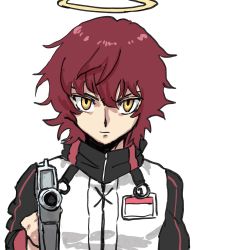 Rule 34 | aiming, aiming at viewer, arknights, bad id, bad twitter id, exusiai (arknights), gun, gundam, gundam 00, halo, highres, id card, jacket, looking at viewer, name connection, ordriver, raglan sleeves, red hair, setsuna f. seiei, simple background, upper body, weapon, white background, white jacket, yellow eyes