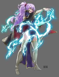 Rule 34 | 1girl, absurdres, bangle, belly chain, black cape, book, boots, bracelet, breasts, bridal gauntlets, cape, casting spell, choker, cleavage, collar, daniel deng, dress, earrings, elbow gloves, electricity, fire emblem, fire emblem: genealogy of the holy war, fire emblem: thracia 776, fire emblem heroes, gem, gloves, grey background, high heel boots, high heels, highres, holding, holding book, ishtar (fire emblem), jewelry, large breasts, light purple hair, lightning, lips, nintendo, open mouth, parody, ponytail, purple dress, purple eyes, serious, shoulder pads, side ponytail, side slit, sidelocks, solo, thigh boots, thighhighs, thighs, white footwear, white gloves