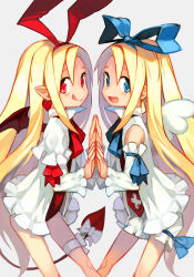 Rule 34 | 1girl, bare legs, bat wings, blonde hair, blue eyes, bow, demon girl, demon tail, detached sleeves, disgaea, dual persona, earrings, flonne, flonne (fallen angel), hungry clicker, jewelry, leotard, long hair, looking at viewer, makai senki disgaea, open mouth, pointy ears, red eyes, red leotard, ribbon, simple background, smile, tail, tail bow, tail ornament, wings