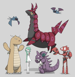 Rule 34 | absurdres, antennae, claws, creatures (company), dragonite, fangs, game freak, gardevoir, gen 1 pokemon, gen 2 pokemon, gen 3 pokemon, gen 5 pokemon, grey background, highres, insect wings, nidoking, nintendo, no humans, open mouth, pokemon, pokemon (creature), scizor, scolipede, shadow, simple background, standing, tail, tirarizun, wings, zubat