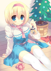 Rule 34 | 1girl, alice margatroid, arm support, bad id, bad pixiv id, blonde hair, blue eyes, breasts, capelet, character doll, christmas, christmas tree, female focus, frills, gift, hairband, hat, charm (object), kinoko (hkn), kirisame marisa, large breasts, short hair, sitting, solo, thighhighs, touhou, white thighhighs, witch, witch hat, zettai ryouiki