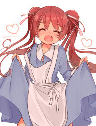 Rule 34 | 1girl, alternate costume, apron, blue dress, blush, brown hair, dark-skinned female, dark skin, dress, fang, hair ornament, hair ribbon, heart, kantai collection, libeccio (kancolle), long dress, long hair, long sleeves, megane poni, one-hour drawing challenge, open mouth, ribbon, smile, solo, twintails, white apron, white background