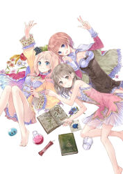 Rule 34 | 3girls, :d, absurdres, atelier (series), atelier meruru, atelier rorona, atelier totori, bare legs, bare shoulders, barefoot, beaker, blonde hair, bloomers, blue eyes, blush, book, bow, breasts, brown eyes, brown hair, cape, cleavage, dress, flat chest, flower, food, fruit, highres, kishida mel, long hair, looking at viewer, lying, medium breasts, merurulince rede arls, multiple girls, official art, on back, on side, open mouth, outstretched arm, red bow, rororina fryxell, short dress, smile, test tube, totooria helmold, underwear