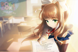 Rule 34 | 1girl, black thighhighs, blurry, bow, breasts, brown hair, chalkboard, classroom, commentary, copyright name, depth of field, doki doki literature club, english text, giving, green eyes, hair bow, indoors, jisuart, leaning forward, long hair, looking at viewer, lyrics, medium breasts, monika (doki doki literature club), official art, paper, pencil, poem, ponytail, school, school uniform, shirt, smile, solo, sunlight, thighhighs, third-party source, white bow