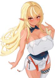 Rule 34 | 1girl, :&gt;, bare shoulders, blonde hair, blush, breasts, checkered clothes, checkered legwear, cleavage, closed mouth, collarbone, cream cod, dark-skinned female, dark elf, dark skin, detached collar, dress, elf, glint, highres, hololive, hololive fantasy, jewelry, large breasts, long hair, looking at viewer, multicolored hair, nail polish, orange eyes, orange nails, pointy ears, ring, sailor dress, shiranui flare, shiranui flare (old design), short shorts, shorts, sidelocks, simple background, single thighhigh, solo, streaked hair, thighhighs, virtual youtuber, white background, white thighhighs