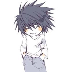 Rule 34 | 00s, 1boy, blouse, chibi, chibi only, closed eyes, death note, l (death note), lowres, male focus, shirt, simple background, smile, solo, spiked hair, standing, v-neck, white background, white shirt