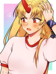 Rule 34 | 1girl, bad id, bad pixiv id, blonde hair, blue background, blush, chain, commentary request, cuffs, fang, fingernails, furrowed brow, gradient background, hand on own head, highres, horns, hoshiguma yuugi, long hair, looking away, looking to the side, open mouth, polka dot, polka dot background, puffy short sleeves, puffy sleeves, purple background, shackles, shirt, short sleeves, sibata maru, single horn, solo, squiggle, standing, star (symbol), sweatdrop, touhou, upper body, very long hair, white shirt