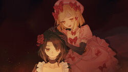 Rule 34 | 2girls, aluce, black gloves, bow, brown eyes, brown hair, closed mouth, collarbone, dress, elbow gloves, flower, gloves, hair between eyes, hair flower, hair ornament, hat, highres, jewelry, lambdadelta, lolita fashion, looking at viewer, lower teeth only, multiple girls, necklace, open mouth, pink dress, pink hat, red bow, short hair, sidelocks, smile, spoilers, teeth, umineko no naku koro ni, witch, yasu (umineko)