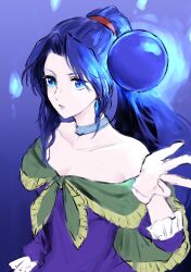 1girl bare_shoulders blue_eyes blue_hair choker closed_mouth collarbone dress highres long_hair looking_at_viewer mavelle_froessen mppko orb ponytail solo star_ocean star_ocean_first_departure