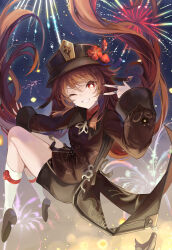 Rule 34 | 1girl, black footwear, black hat, black nails, black shorts, brown hair, chinese clothes, coattails, collared coat, commentary, fireworks, flower, flower-shaped pupils, genshin impact, grin, hat, highres, holding, holding polearm, holding weapon, hu tao (genshin impact), kneehighs, knees up, long hair, long sleeves, looking at viewer, one eye closed, plum blossoms, polearm, porkpie hat, red eyes, short shorts, shorts, smile, socks, solo, symbol-shaped pupils, teeth, twintails, uli (bredkgod), weapon, white socks