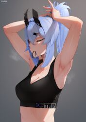 Rule 34 | 1girl, absurdres, adjusting hair, armpits, arms behind head, arms up, blue hair, breasts, cleavage, closed eyes, collarbone, commentary, gym shirt, hair between eyes, hair intakes, hair ornament, hair tie, hair tie in mouth, hairclip, hands in hair, hashtag-only commentary, highres, holding, holding own hair, long hair, makeup, medium breasts, mouth hold, original, ponytail, rubber band, saki (the atko), shirt, solo, stomach, sweat, the atko, tying hair, upper body