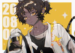 Rule 34 | 1boy, absurdres, arknights, black hair, black shirt, border, closed mouth, collarbone, commentary, dark-skinned male, dark skin, dated, expressionless, gloves, highres, jacket, jewelry, long sleeves, looking at viewer, male focus, necklace, orange eyes, shirt, short ponytail, shoulder strap, solo, sparkle, symbol-only commentary, taowu (20809), thorns (arknights), upper body, white border, white gloves, white jacket, yellow background