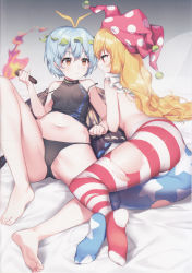 Rule 34 | 2girls, absurdres, american flag legwear, antennae, ass, bare arms, bare legs, bare shoulders, barefoot, bed sheet, black panties, black shirt, blonde hair, blue hair, blue legwear, blush, breasts, brown eyes, butterfly wings, cameltoe, clownpiece, covered erect nipples, crop top, eternity larva, fairy wings, gradient background, grey background, hair between eyes, hand up, hat, highres, holding, holding torch, huge filesize, insect wings, jester cap, knee up, leaf, long hair, lying, midriff, minust, multiple girls, navel, neck ruff, no shoes, on back, on side, panties, pantyhose, polka dot, polka dot headwear, profile, purple headwear, red eyes, red legwear, scan, shadow, shirt, short hair, sleeveless, sleeveless shirt, small breasts, stomach, striped legwear, thighs, topless, torch, torn clothes, torn legwear, touhou, underwear, very long hair, white legwear, wings, yuri