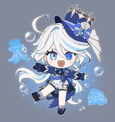 Rule 34 | 1girl, :d, ahoge, ascot, asymmetrical gloves, black ascot, black footwear, black gloves, blue bow, blue eyes, blue gemstone, blue hair, blue hat, blue jacket, blush, bow, brooch, bubble, chibi, commentary, drop-shaped pupils, english commentary, eyelashes, footwear bow, full body, furina (genshin impact), gem, genshin impact, gloves, grey background, hair between eyes, hair intakes, hat, hat bow, heart, heart in mouth, heterochromia, jacket, jewelry, long hair, long sleeves, looking at viewer, marimo jh, mismatched gloves, mismatched pupils, multicolored hair, open clothes, open jacket, open mouth, outline, outstretched arms, shirt, shoes, short shorts, shorts, sidelocks, simple background, smile, socks, solo, spread arms, streaked hair, swept bangs, symbol-shaped pupils, thigh strap, tilted headwear, top hat, v-shaped eyebrows, very long hair, white gloves, white hair, white outline, white shirt, white shorts, white socks