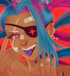 Rule 34 | 1girl, aqua hair, bandages, cookie run, ear piercing, earrings, eyepatch, fang, highres, jewelry, juicerabbit, multicolored hair, nail polish, one eye covered, personification, piercing, pink eyes, pink hair, red background, scar, solo, tongue, tongue out, twizzly gummy cookie