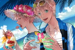 Rule 34 | 2boys, alternate costume, blonde hair, blue jacket, blue shirt, cocktail, cocktail flower, collared shirt, cup, day, drinking glass, dual persona, dutch angle, ear piercing, earrings, eating, eyewear on head, fate/grand order, fate (series), flower, food, fruit, gradient clothes, gradient shirt, green eyes, hair between eyes, hat, hat flower, holding, holding cup, holding spoon, hurricane glass, ice cream, jacket, jekyll and hyde (fate), jewelry, letterman jacket, light blush, looking at viewer, male focus, multiple boys, ocean, open collar, open mouth, orange (fruit), orange slice, orchid, palm tree, parfait, piercing, pineapple, pink flower, pocky, profile, red eyes, sharp teeth, shirt, short hair, sideways glance, sparkle, spoon, straw hat, striped clothes, striped shirt, sunglasses, t-shirt, teeth, towel, towel around neck, tree, upper body, white shirt, yayayakan