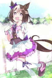 Rule 34 | 1girl, :d, animal ears, blurry, blurry background, bow, bright pupils, brown footwear, brown hair, commentary request, grass, hair bow, highres, horse ears, horse tail, ixy, multicolored hair, open mouth, plaid, plaid skirt, purple bow, purple eyes, running, shoes, short hair, short sleeves, skirt, smile, special week (umamusume), sweat, tail, teeth, thighhighs, thighs, two-tone hair, umamusume, upper teeth only, white hair, white pupils, white skirt, white thighhighs, zettai ryouiki