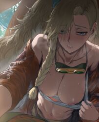 1girl absurdres backlighting bare_shoulders blonde_hair blue_eyes blush braid breasts breasts_out clothes_pull collarbone eyelashes freckles gemma_(monster_hunter_wilds) goggles goggles_around_neck heavy_breathing hews highres indoors large_breasts looking_at_viewer monster_hunter_(series) monster_hunter_wilds navel nipples off_shoulder parted_lips pov puffy_nipples shirt_pull side_braid sketch straddling sweat tent upper_body