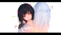 Rule 34 | 2girls, absurdres, bare shoulders, black hair, black shirt, blue hair, closed mouth, commentary, demon horns, dress, highres, horns, hug, letterboxed, long hair, multiple girls, off-shoulder dress, off shoulder, one eye closed, original, red eyes, shimmer, shirt, simple background, star (symbol), wavy mouth, white background, white dress, yuri