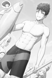 Rule 34 | 1boy, 3girls, abs, adapted costume, animal ears, bad source, blush, closed eyes, fish, greyscale, highres, husband and wives, lvl (sentrythe2310), male swimwear, monochrome, multiple girls, muscular, muscular male, mythra (radiant beach) (xenoblade), mythra (xenoblade), nia (blade) (xenoblade), nia (xenoblade), open mouth, parted lips, pectorals, pyra (xenoblade), rex (cloud sea shark) (xenoblade), rex (xenoblade), smile, solo focus, swim trunks, teeth, topless male, xenoblade chronicles (series), xenoblade chronicles 2, xenoblade chronicles 3