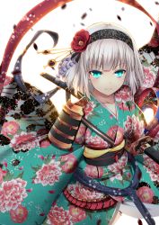 Rule 34 | 1girl, alternate costume, aono meri, aqua eyes, armor, bad id, bad pixiv id, blunt bangs, breasts, collarbone, expressionless, floral print, hairband, highres, japanese armor, japanese clothes, kimono, konpaku youmu, looking at viewer, medium breasts, obi, red ribbon, ribbon, sash, sheath, shoulder armor, silver hair, simple background, sode, solo, sword, touhou, weapon, white background