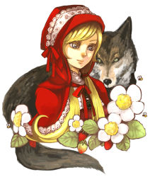 Rule 34 | 1girl, animal, bee, big bad wolf, blonde hair, blue eyes, bug, cloak, flower, food, fruit, grimm&#039;s fairy tales, insect, lace, little red riding hood, little red riding hood (grimm), noja, ribbon, solo, strawberry, strawberry blossoms, twintails, wolf