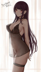 Rule 34 | 1girl, arms behind back, ass, bare arms, bare shoulders, black choker, black legwear, blush, breasts, choker, cleavage, closed mouth, commentary, commentary request, cowboy shot, from side, girls&#039; frontline, highres, large breasts, long hair, looking at viewer, looking to the side, navel, purple hair, red eyes, see-through, selcky, signature, solo, thigh strap, thighs, wa2000 (girls&#039; frontline)