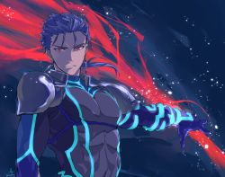 Rule 34 | 1boy, armor, blue hair, bodysuit, closed mouth, cu chulainn (fate), cu chulainn (fate/extra), earrings, fate/extra, fate (series), gae bolg (fate), iz izhara, jewelry, long hair, male focus, muscular, official alternate costume, outstretched arm, pauldrons, pectorals, polearm, ponytail, red eyes, shoulder armor, signature, skin tight, smile, solo, spiked hair, type-moon, weapon