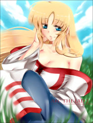 Rule 34 | 1girl, arc the lad, arc the lad ii, bare shoulders, blonde hair, blue eyes, breasts, cleavage, dress, female focus, jojuen, large breasts, lieza (arc the lad), long hair, nature, outdoors, plant, sitting, sky, solo