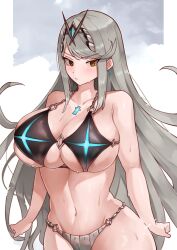 1girl absurdres alternate_costume alternate_hair_color bikini black_bikini breasts brown_eyes chest_jewel core_crystal_(xenoblade) cowboy_shot earrings grey_hair highres huge_breasts jewelry mythra_(xenoblade) oniisan02b solo swimsuit tiara white_bikini xenoblade_chronicles_(series) yotsuha_uni