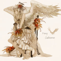 Rule 34 | 1girl, anbivarens, angel, angel wings, bare legs, bare shoulders, barefoot, bird, blunt bangs, bouquet, bow, chair, corset, earrings, english text, flower, grey eyes, hair bow, hair flower, hair ornament, halo, jewelry, large wings, long hair, long skirt, merry christmas, original, silver hair, simple background, skirt, sleeveless, solo, text focus, wings