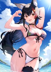 Rule 34 | 1girl, absurdres, animal ear fluff, animal ears, arm behind head, bikini, black hair, blue sky, breasts, cleavage, cloud, commentary request, day, fang, fisheye, front-tie bikini top, front-tie top, hair ornament, hand up, highres, hololive, hololive summer 2022 swimsuit, leaf print, long hair, looking at viewer, maple leaf print, medium breasts, multicolored hair, navel, ocean, official alternate costume, ookami mio, ookami mio (hololive summer 2019), open mouth, outdoors, partially submerged, print bikini, red hair, side-tie bikini bottom, signature, sky, smile, solo, stomach, streaked hair, sunlight, swimsuit, tail, tail around own leg, underboob, very long hair, virtual youtuber, water drop, wet, wide ponytail, wolf ears, wolf girl, wolf tail, zeiss
