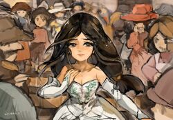 Rule 34 | artist name, bare shoulders, blunt ends, breasts, bridal gauntlets, brown eyes, brown hair, closed mouth, crowd, crying, detached sleeves, dress, final fantasy, final fantasy ix, garnet til alexandros xvii, hand on own chest, highres, long hair, low-tied long hair, medium breasts, parted bangs, parted lips, strapless, strapless dress, tears, upper body, uzutanco, white dress, white sleeves