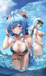 Rule 34 | 2girls, absurdres, ahoge, alternate breast size, alternate costume, arm strap, arm up, ass, bare arms, bare shoulders, bent over, bikini, black-framed eyewear, black bikini, blue eyes, blue hair, breasts, cleavage, collarbone, day, eyewear on head, from side, ganyu (genshin impact), genshin impact, goat horns, halterneck, highres, horns, large breasts, long hair, looking at viewer, low ponytail, multiple girls, navel, ocean, outdoors, parted lips, purple eyes, round eyewear, shenhe (genshin impact), sideboob, sidelocks, skindentation, slime nyang, standing, stomach, strap gap, string bikini, sunglasses, swimsuit, thigh gap, thigh strap, thighs, very long hair, wading, water, wet, white bikini, white hair, wristband