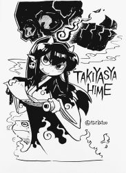 Rule 34 | 1girl, closed mouth, earrings, fang, fang out, frog, greyscale, highres, holding, holding scroll, horns, ink (medium), inktober, japanese clothes, jewelry, kimono, long hair, long sleeves, looking at viewer, monochrome, original, pointy ears, rariatto (ganguri), scroll, shaded face, skull, skull earrings, smile, solo, traditional media, traditional youkai, twitter username, wide sleeves