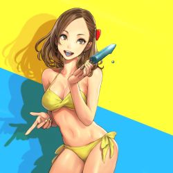 Rule 34 | 1girl, bikini, breasts, brown eyes, brown hair, cleavage, collarbone, contrapposto, cowboy shot, earrings, food, highres, jewelry, jiyun (navigavi), jun (navigavi), looking at viewer, matching hair/eyes, medium breasts, nail polish, navel, original, parted bangs, pointing, popsicle, shadow, side-tie bikini bottom, simple background, solo, standing, swimsuit, tongue, tongue out, two-tone background