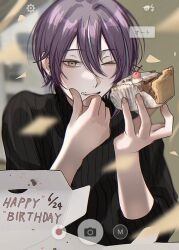 Rule 34 | 1boy, black sweater, blue hair, box, cake, cake slice, camera, cherry, closed mouth, confetti, dated, earrings, fingernails, food, fruit, goi x01, hair between eyes, happy birthday, holding, holding cake, holding food, jewelry, kamishiro rui, long sleeves, looking at viewer, male focus, multicolored hair, one eye closed, project sekai, purple hair, ribbed sweater, short hair, solo, streaked hair, sweater, two-tone hair, upper body, yellow eyes