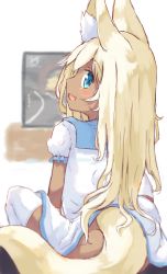 Rule 34 | 1girl, :d, absurdres, animal ear fluff, animal ears, blonde hair, blue eyes, dark skin, dress, fang, fox ears, fox tail, highres, long hair, looking at viewer, looking back, manabe mana, open mouth, original, playing games, sailor dress, sitting, sketch, skin fang, smile, tail, video game