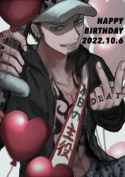 Rule 34 | 1boy, balloon, birthday sash, black coat, black hair, chest tattoo, coat, facial hair, grey eyes, grin, hand gesture, hand tattoo, hands up, happy birthday, hat, heart balloon, highres, holding, holding sword, holding weapon, koumikanmi, male focus, one piece, open clothes, open coat, sash, sheath, sheathed, shoulder sash, smile, solo, sword, tattoo, trafalgar law, weapon
