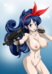 Rule 34 | 1girl, armpits, blue eyes, blue hair, blush, breasts, cowboy shot, curly hair, dragon ball, explosive, gradient background, grenade, groin, hair ribbon, highres, holding, holding weapon, large breasts, legs, long hair, lunch (dragon ball), matching hair/eyes, navel, nel-zel formula, nipples, no pussy, nude, open mouth, ribbon, simple background, smile, solo, standing, thighs, weapon