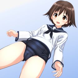 Rule 34 | 1girl, black neckerchief, black one-piece swimsuit, blue background, blue sailor collar, brown eyes, brown hair, cameltoe, cleft of venus, commentary request, cowboy shot, from below, gluteal fold, gradient background, highres, miyafuji yoshika, neckerchief, old school swimsuit, one-piece swimsuit, sailor collar, sailor shirt, school swimsuit, school uniform, shirt, solo, standing, strike witches, swimsuit, swimsuit under clothes, takafumi, white shirt, world witches series