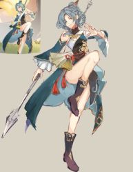 Rule 34 | 1girl, aged down, bare shoulders, bell, blue dress, blue hair, bodysuit, boots, braid, chinese clothes, derivative work, dress, forehead, full body, genshin impact, hair ornament, hairclip, hairpin, highres, holding, holding polearm, holding weapon, madame ping (genshin impact), one eye closed, parted bangs, polearm, screenshot inset, screenshot redraw, simple background, solo, standing, standing on one leg, tassel, theraipy, turtleneck, weapon, wide sleeves, yellow background