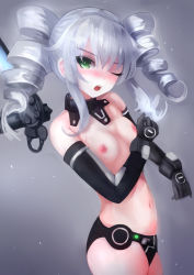 Rule 34 | 1girl, black sister, blush, breasts, drill hair, green eyes, grey hair, highres, looking at viewer, navel, neptune (series), nipples, one eye closed, open mouth, small breasts, solo, suterisu, topless, twin drills, uni (neptunia)