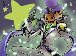 Rule 34 | digimon, digimon (creature), formal, goggles, goggles on head, hat, highres, noblepumpmon, pumpkin, solo, star (symbol), suit