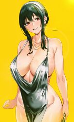 Rule 34 | 1girl, absurdres, alternate costume, bare shoulders, black hair, breasts, collarbone, covered navel, curvy, dress, earrings, evening gown, glint, gold earrings, gold necklace, grin, groin, hairband, highres, jewelry, large breasts, looking at viewer, mymzi, necklace, plunging neckline, red eyes, short hair with long locks, side slit, sidelocks, silver dress, smile, solo, spy x family, teeth, white hairband, wide hips, yellow background, yor briar