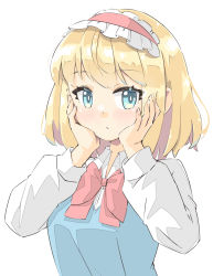 Rule 34 | 1girl, alice margatroid, arnest, blonde hair, blue eyes, blue vest, bow, bowtie, bright pupils, frilled hairband, frills, hairband, hands on own cheeks, hands on own face, hands up, highres, long sleeves, looking at viewer, medium hair, red bow, red bowtie, red hairband, shirt, simple background, solo, touhou, upper body, vest, white background, white pupils, white shirt