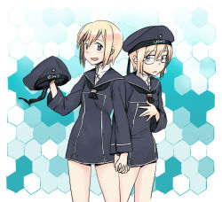 Rule 34 | 2girls, blonde hair, blue eyes, blush, clothes writing, cosplay, creator connection, dress, erica hartmann, glasses, hat, holding, holding clothes, holding hands, holding hat, kantai collection, look-alike, mukiki, multiple girls, open mouth, parody, sailor dress, sailor hat, short hair, siblings, sisters, strike witches, strike witches: suomus misfits squadron, twins, unworn hat, unworn headwear, ursula hartmann, world witches series, z1 leberecht maass (kancolle), z1 leberecht maass (kancolle) (cosplay), z3 max schultz (kancolle), z3 max schultz (kancolle) (cosplay)